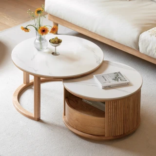 【hoi! 好好生活】YW岩藝橡木實木圓形岩板茶几組合0.6M+0.7M 原木色 Y54J03