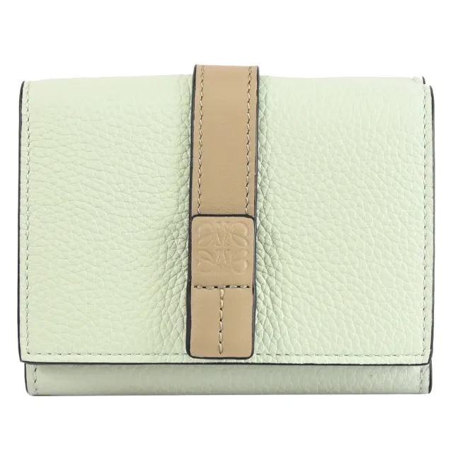 【LOEWE 羅威】品牌烙印LOGO撞色牛皮扣式三折零錢短夾(淺綠)