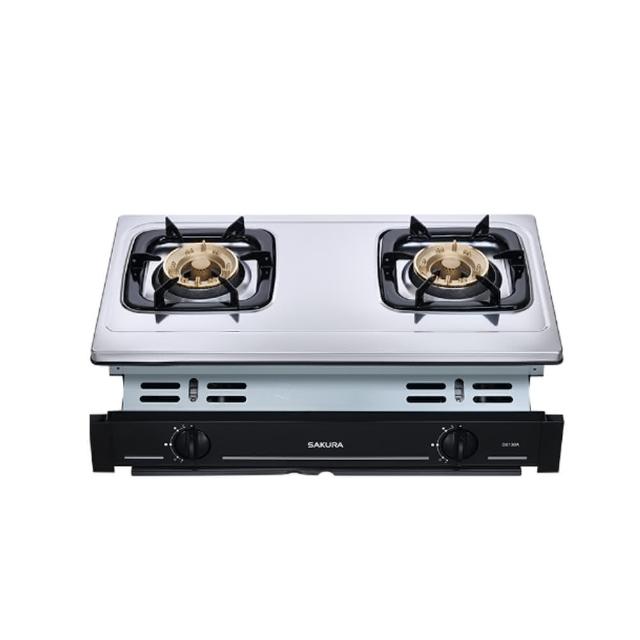 SAKURA櫻花牌 G-6130 雙口瓦斯爐臺,採用不鏽鋼爐臺材質,耐用抗鏽,適閤家庭廚房使用。傳統外擴火焰設計,提供均勻加熱,壓轉式點火操作簡易便捷。瓦斯消耗量9~10kW,能源效率第二級,節能環保。支援天然瓦斯(NG1)與液化瓦斯(LPG),挖孔尺寸670 × 325 mm,機體尺寸(含爐架)705 × 450 × 235 mm。BSMI許可字號R51085,全機1年保固,標準安裝,選購安心。 SAKURA櫻花牌 G-6130