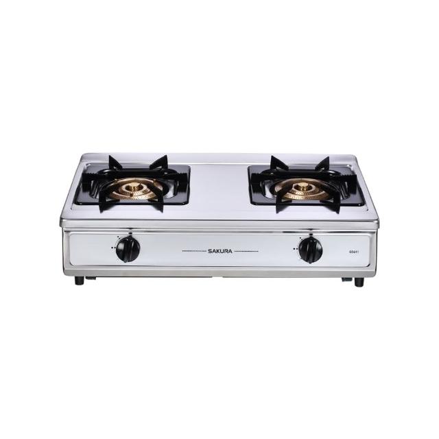  SAKURA櫻花牌 G-5611 雙口瓦斯爐採用不鏽鋼爐臺，傳統外擴火焰設計，提供強勁火力達11~12kW，壓電式自動點火方便使用，不需挖孔安裝，尺寸700 x 420 x 200 mm（含爐架），臺灣製造，能源效率第四級，適用天然瓦斯(NG1)或液化瓦斯(LPG)，保固1年，BSMI許可R51085，標準安裝完美適合廚房。 