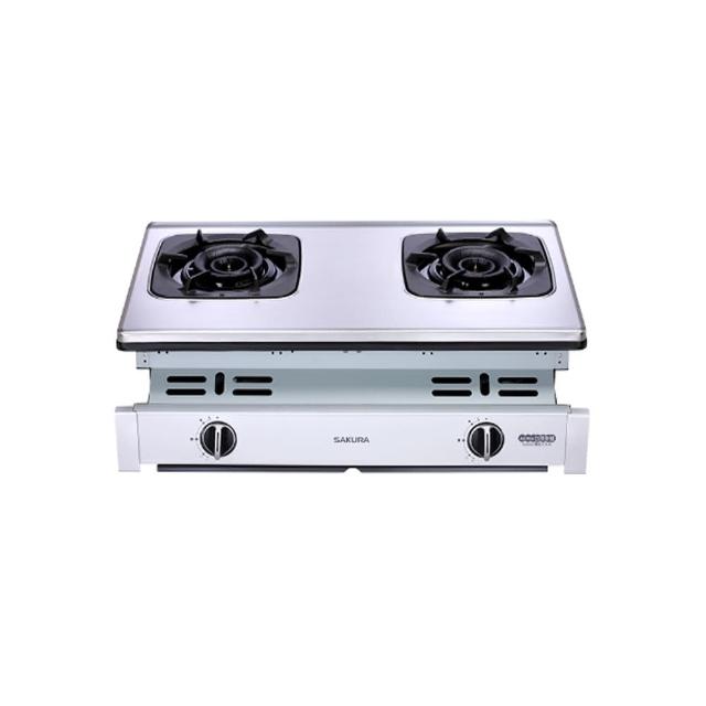  SAKURA櫻花牌 G-6900 雙口瓦斯爐，採用不鏽鋼爐臺與鑄鐵爐頭，堅固耐用。雙炫火爐頭設計，提供均勻加熱效率，高達9~10kW瓦斯消耗量。第一級能源效率，節能環保。壓電式自動點火，操作簡便安全。機體尺寸(含爐架)705 x 450 x 235 mm，適合標準廚房安裝。支援天然瓦斯(NG1)與液化瓦斯(LPG)，BSMI許可字號R51085，全機1年保固。理想家用廚具選擇，提升烹飪體驗。 
