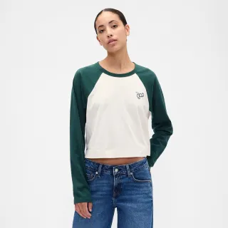 【GAP】女裝 Logo印花圓領長袖T恤-墨綠色(846969)