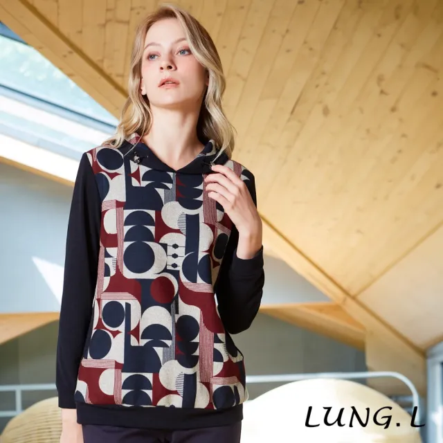 【LUNG.L 林佳樺】LU08A 藍色幾何印花長版長袖女裝上衣(秋冬新品 加大尺碼)