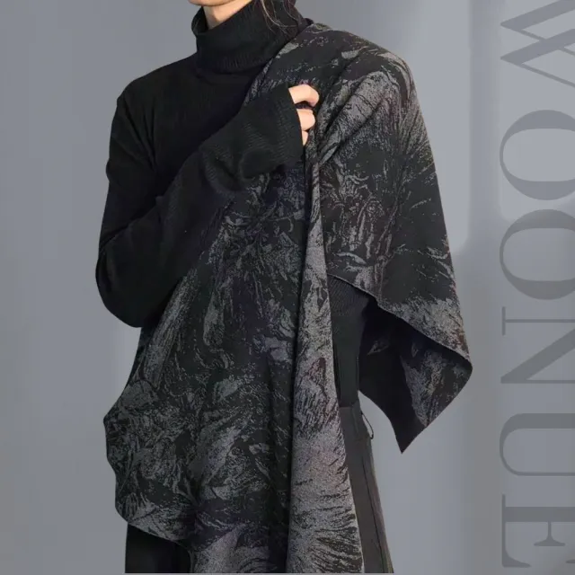 【WOONUE】韓系寬長版專櫃男士時尚羊毛絨混紡質感保暖披肩圍巾圍脖黑灰(男友老公父親爸爸生日情人節禮物)