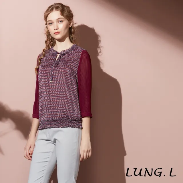 【LUNG.L 林佳樺】LT20A 紅色幾何碎花拼接壓褶雪紡七分袖女裝上衣(秋冬新品)