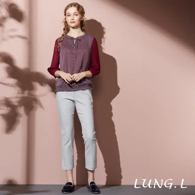 【LUNG.L 林佳樺】LT20A 紅色幾何碎花拼接壓褶雪紡七分袖女裝上衣(秋冬新品)