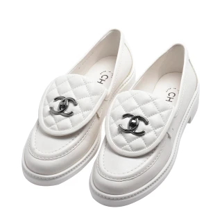 【CHANEL 香奈兒】經典雙C LOGO小羊皮休閒樂福皮鞋(白色G36646-WHI)