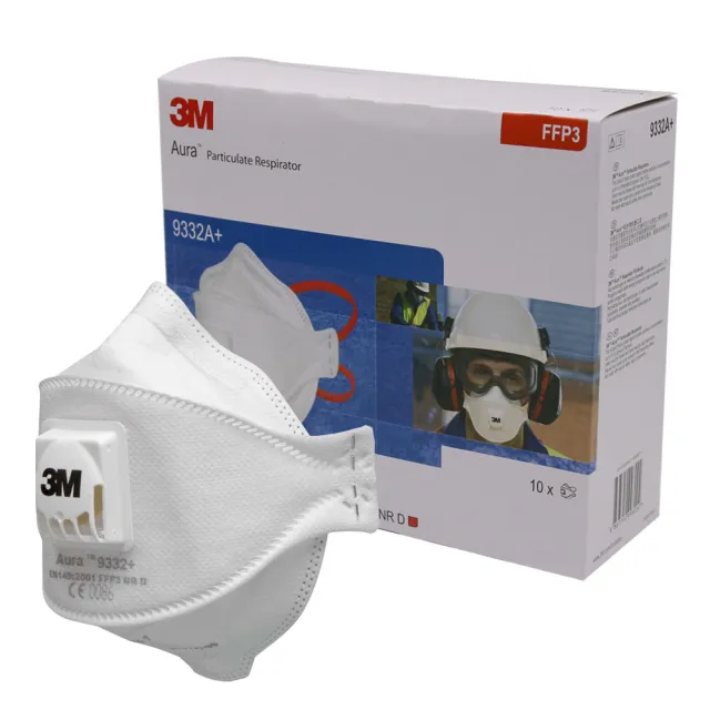 【3M】FFP3 拋棄式帶閥防塵口罩9332A+ 10片/盒(研磨、工業/建築粉塵場所適用)