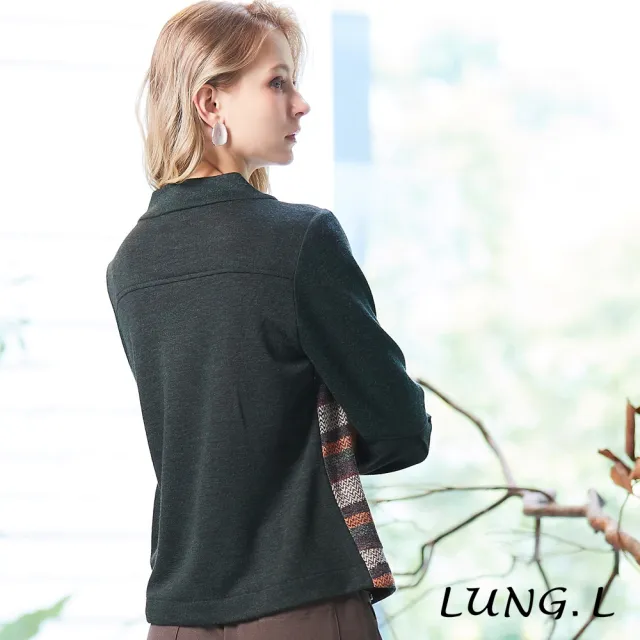 【LUNG.L 林佳樺】LT46A 綠色拼接條紋造型領長袖女裝上衣(秋冬新品 加大尺碼 保暖)