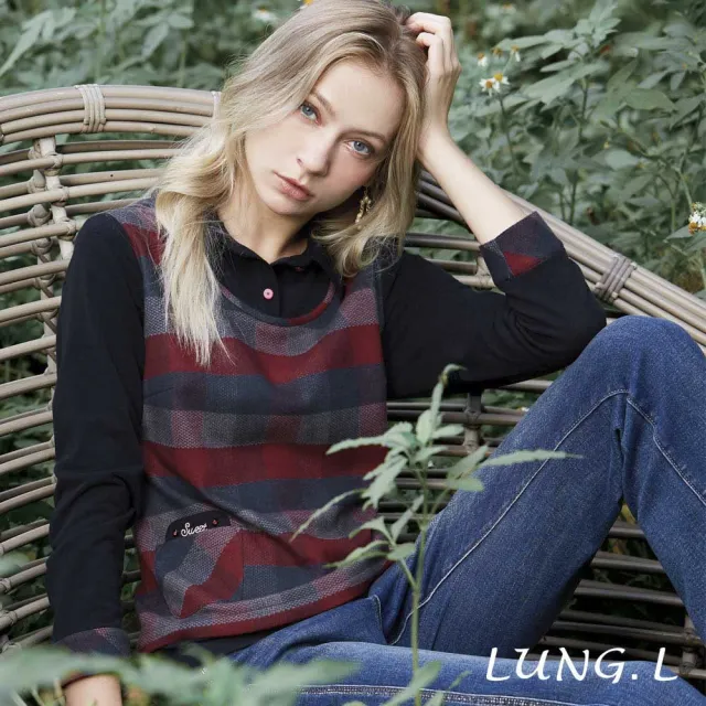 【LUNG.L 林佳樺】LU06A 藍色拼接酒紅深灰格紋假兩件長袖女裝上衣(秋冬新品 保暖)