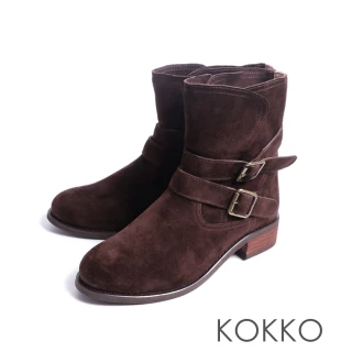 【KOKKO】個性質感雙條帶飾扣騎士短靴(麂皮棕)