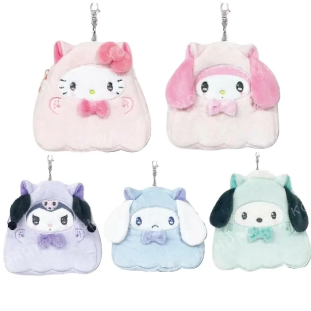 【小禮堂】雙11 Sanrio 三麗鷗 絨毛造型伸縮票卡套 貓咪幽靈款 Kitty 美樂蒂 帕恰狗 漢頓(平輸品
