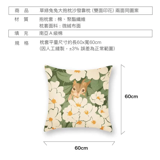 【HEAVEN 研紡枕所】大抱枕四入組－微絨布草綠兔兔系列大抱枕-60x60cm(四入組、大靠枕、沙發靠墊)