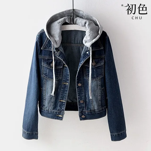【初色】休閒百搭抽繩連帽坎肩長袖牛仔夾克外套-共2色-32137(M-2XL可選)