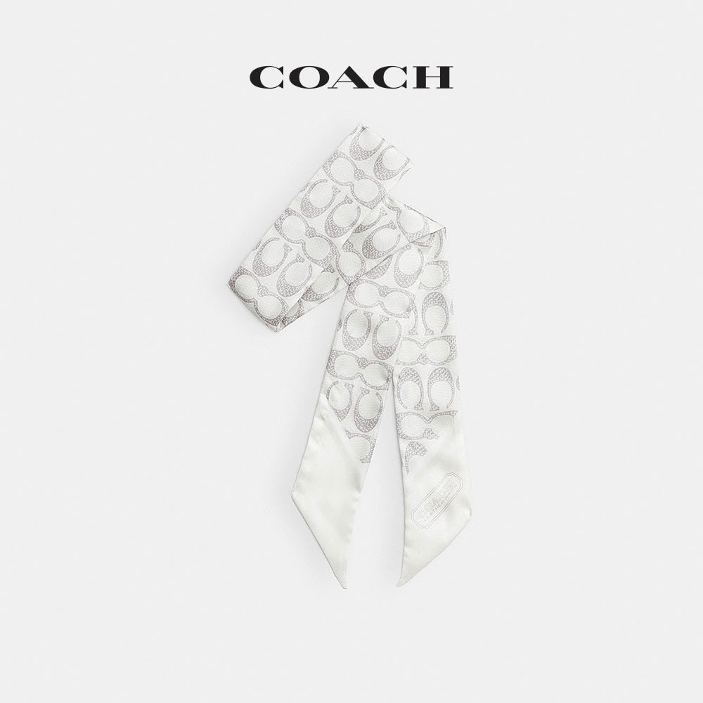 【COACH】蔻馳官方直營 復古經典 SIGNATURE 印花真絲窄版圍巾-灰白色(C2783)