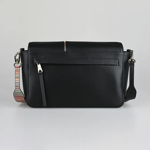 【Paul Smith】PAUL SMITH 燙金字LOGO牛皮拼小牛皮條紋背帶吸釦式斜背包(黑)