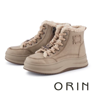 【ORIN】真皮厚底毛毛綁帶短靴(棕色)