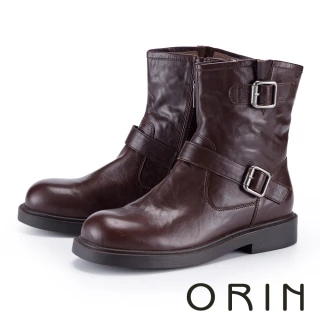 【ORIN】水洗牛皮雙扣帶平底短靴(咖啡)
