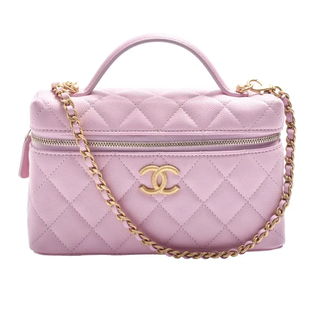 【CHANEL 香奈兒】經典VANITY CASE系列金色雙C  LOGO粒紋牛皮手提/斜背包(粉紅色AP4483C-PINK-GPN)