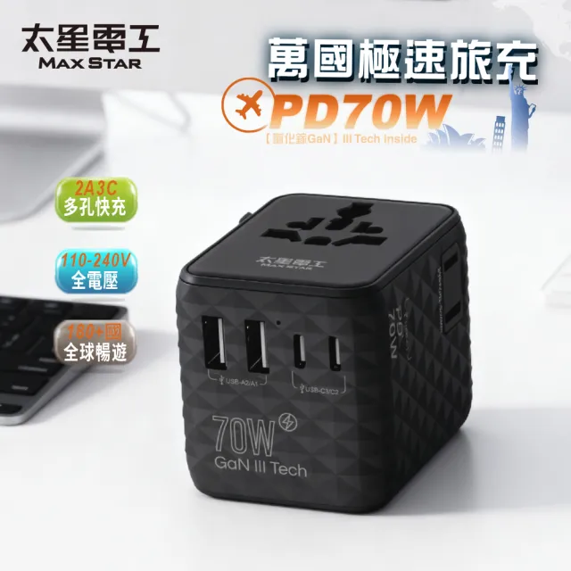 【太星電工】氮化鎵PD70W高速快充旅行轉接座/5USB(萬國插頭｜出國旅遊｜全球適用AA306)