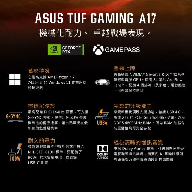 【ASUS】升級1TB組★17.3吋R7 RTX4050電競筆電(FA707NUR-0022B7435HS/R7-7435HS/16G/512G/W11)