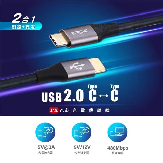 【PX大通-】UCC2-2B 2公尺 USB 2.0 C to C 充電傳輸線(數據+充電2合1、支援9V/12V快速充電)