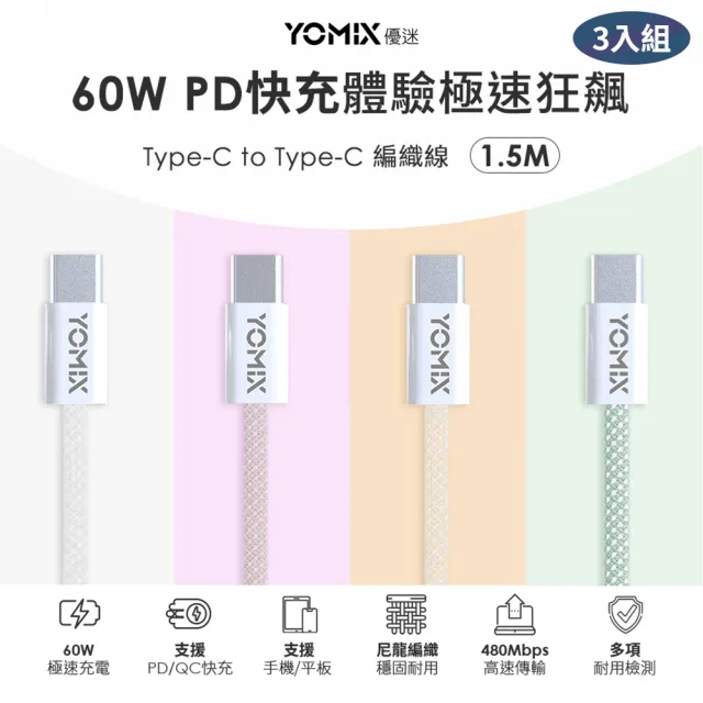 【YOMIX 優迷】3入組★1.5M USB-C to USB-C 60W編織快充充電傳輸線(筆電/Android/Switch/支援iphone18快充)