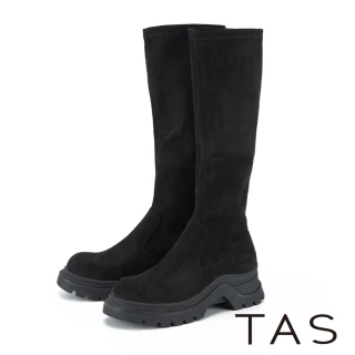 【TAS】親膚彈力絨布修腿厚底長靴(黑色)