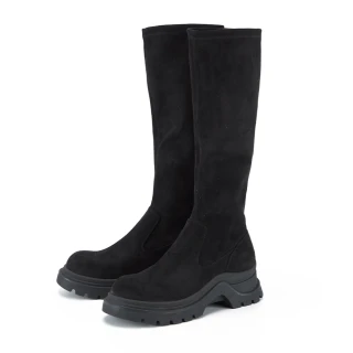 【TAS】親膚彈力絨布修腿厚底長靴(黑色)