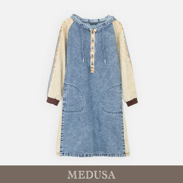 【MEDUSA 曼度莎】現貨-率性牛仔拼接連帽休閒洋裝（M-XL）｜連帽洋裝 牛仔拼接 韓系穿搭(701-72606)