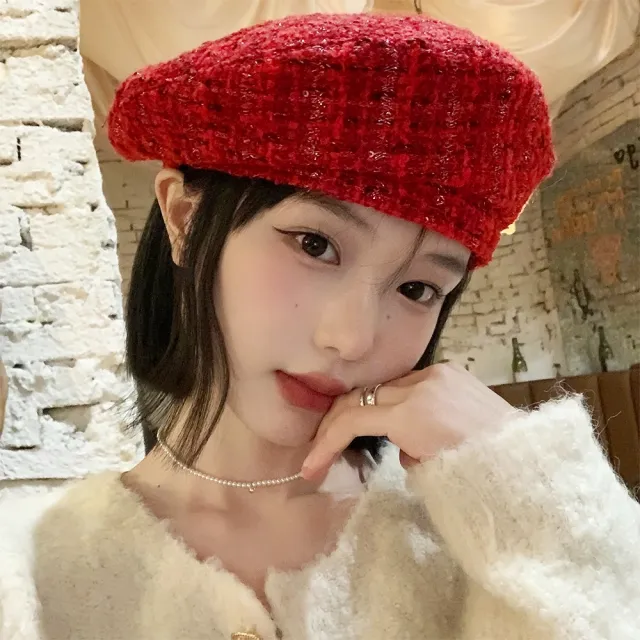 【橘魔法】亮紅編織毛呢貝雷帽(女 大人 報童帽 畫家帽 貝蕾帽 帽子 聖誕節 耶誕 大紅 過年 新年 女裝)