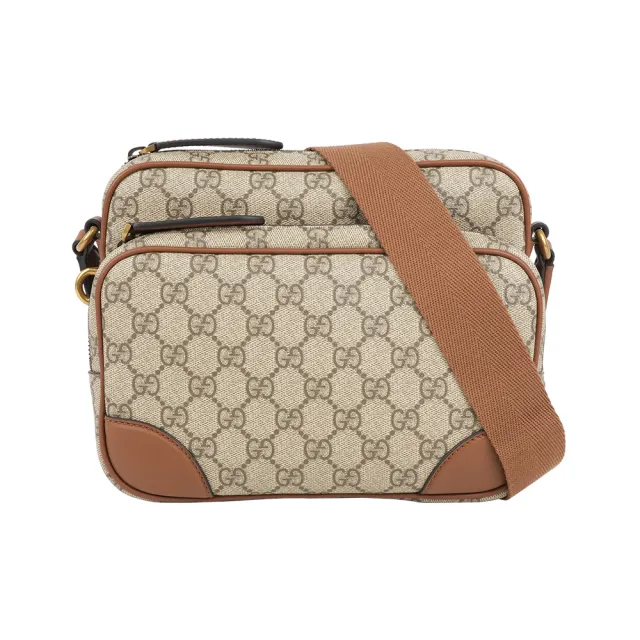 【GUCCI 古馳】GG Emblem 中款前口袋拉鍊斜背包(烏木/深棕色)