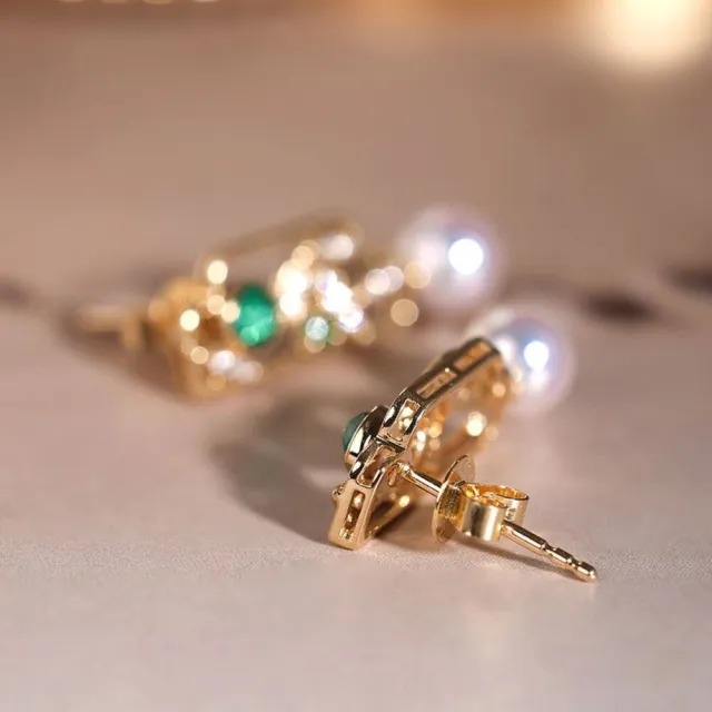 【海斯珠寶】小軒窗系列 18K金竹葉新中式耳環 0.16ct 哥倫比亞糖塔祖母綠 5.5-6mm 日本Akoya珍珠