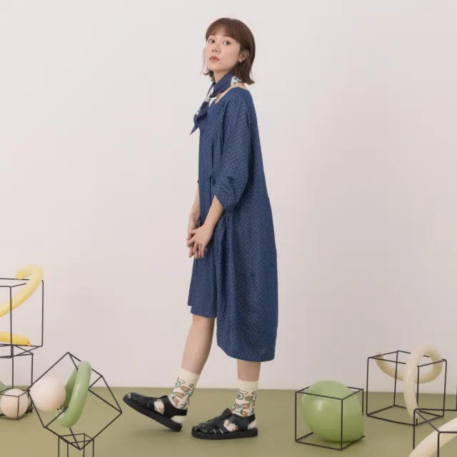 【MOSS CLUB】M小兔織標前短後長圓點牛仔洋裝(藍 深藍/魅力商品)