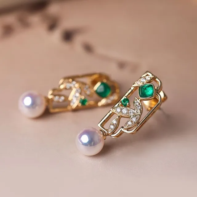 【海斯珠寶】小軒窗系列 18K金竹葉新中式耳環 0.2ct 哥倫比亞糖塔祖母綠 5.5-6mm 日本Akoya珍珠