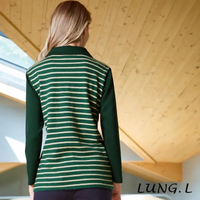 【LUNG.L 林佳樺】LT83A 綠白條紋拼接素面領口裝飾項鍊長版女裝上衣(秋冬新品 加大尺碼)