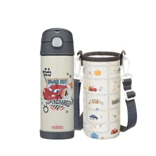 【THERMOS 膳魔師】Cars汽車總動員附背袋不鏽鋼真空兩用保冷瓶兒童水壺470ml(F4021CFCR-DG)
