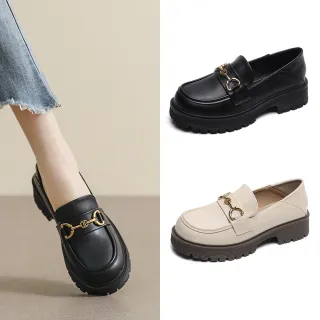 【ChouChou】時尚馬銜扣增高樂福鞋-黑/杏 CH2003(大尺碼女鞋/厚底樂福鞋/厚底鞋/小皮鞋/面試鞋)