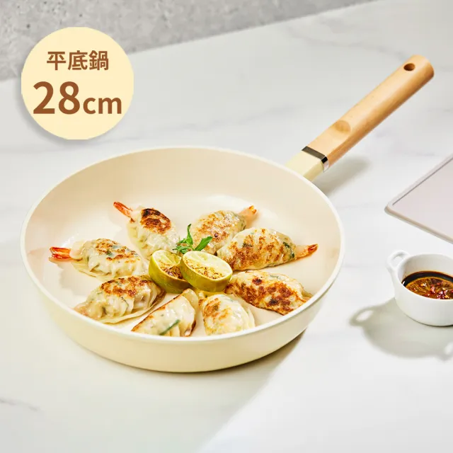 【Roichen】韓國抗菌陶瓷木柄不沾平底鍋 28cm(IH爐/全火源適用陶瓷塗層不沾鍋)