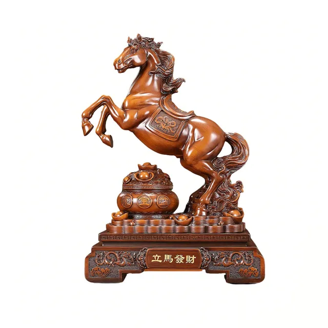 DYT】32CM高檀木色立馬發財擺件(馬擺飾/馬年/吉祥物/生肖擺件/樹脂擺件