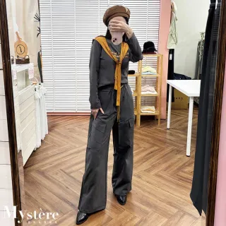 【my stere 我的時尚秘境】雙11 灰色字母工裝褲套裝 附撞色披肩(三件式套裝 整套搭配 工裝褲 休