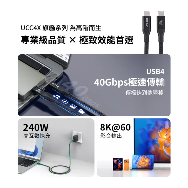【PX 大通-】240W快充40G USB 4.0  Type C to C充電線傳輸線手機線 8K筆電平板手機電競充電頭(UCC4X-1MB)