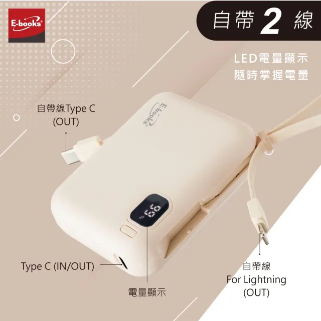 【E-books】E-PCB271 自帶雙線LED數顯20W快充版行動電源(台灣製造/10000mAh/本體標示37Wh)