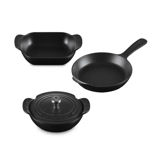 【Le Creuset】 法製Gourmand 專業迷你鑄鐵鍋具3入組(烤盤13cm、煎盤16cm、鐵鍋13cm)