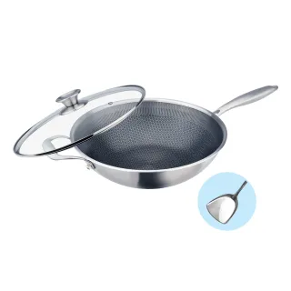 【PERFECT 理想】鈦晶316蜂巢式不銹鋼不沾炒鍋33cm附蓋+煎匙 台灣製造(不挑爐具 蜂窩式 不沾鍋)