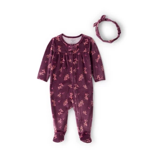 【Carter’s】深秋小紅花 嬰兒2件組套裝〔包腳連身裝/髮帶〕(原廠公司貨 童裝 嬰兒 包腳連身裝/髮帶)