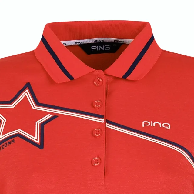 【PING】女款星星高爾夫長袖POLO衫-橘紅(GOLF/高爾夫球衫/RA19202-28)