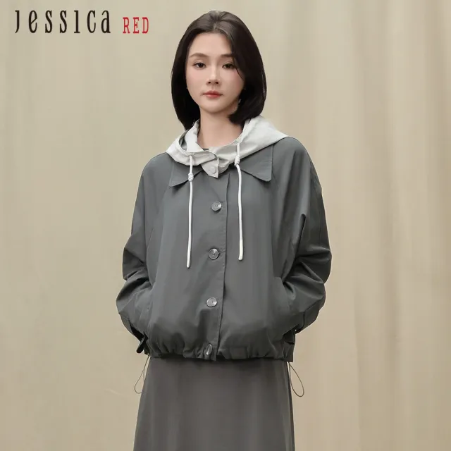 【Jessica Red】休閒拼接連帽短款風衣外套R54006（灰）