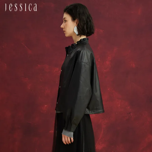 【JESSICA】氣質柔軟羊皮修身木耳邊領短款皮衣外套J54008（黑/粉）