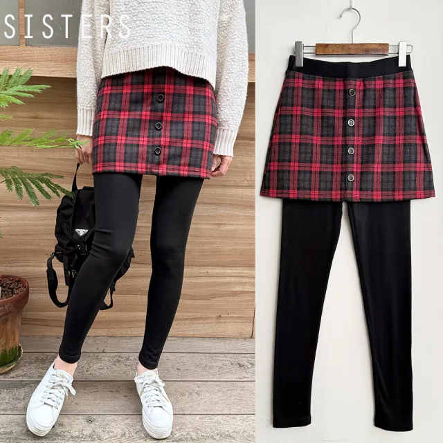 【SISTERS】英倫格紋假兩件短裙磨毛內搭褲/M-2L(冬新品/女長褲/短裙/磨毛/長褲/保暖/顯瘦)